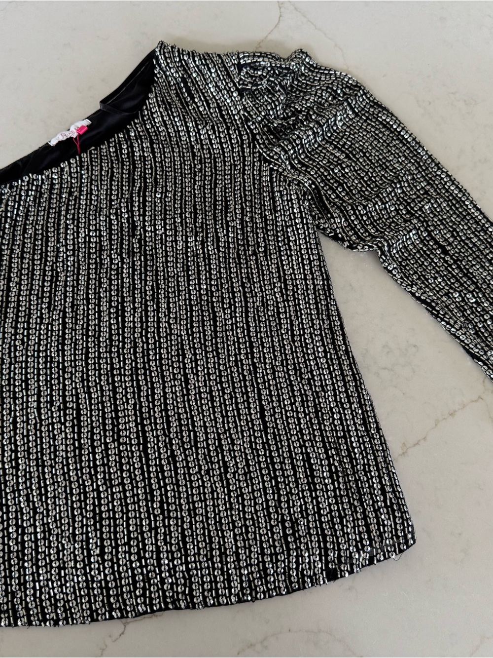 Parker Black & Silver Sequin Striped Puff-Sleeve Blouse